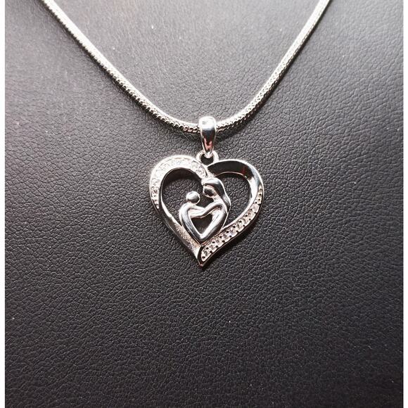 New Beautiful Mother Child Heart 925 Sterling Silver Stainless Steel Necklace - Picture 2 of 3